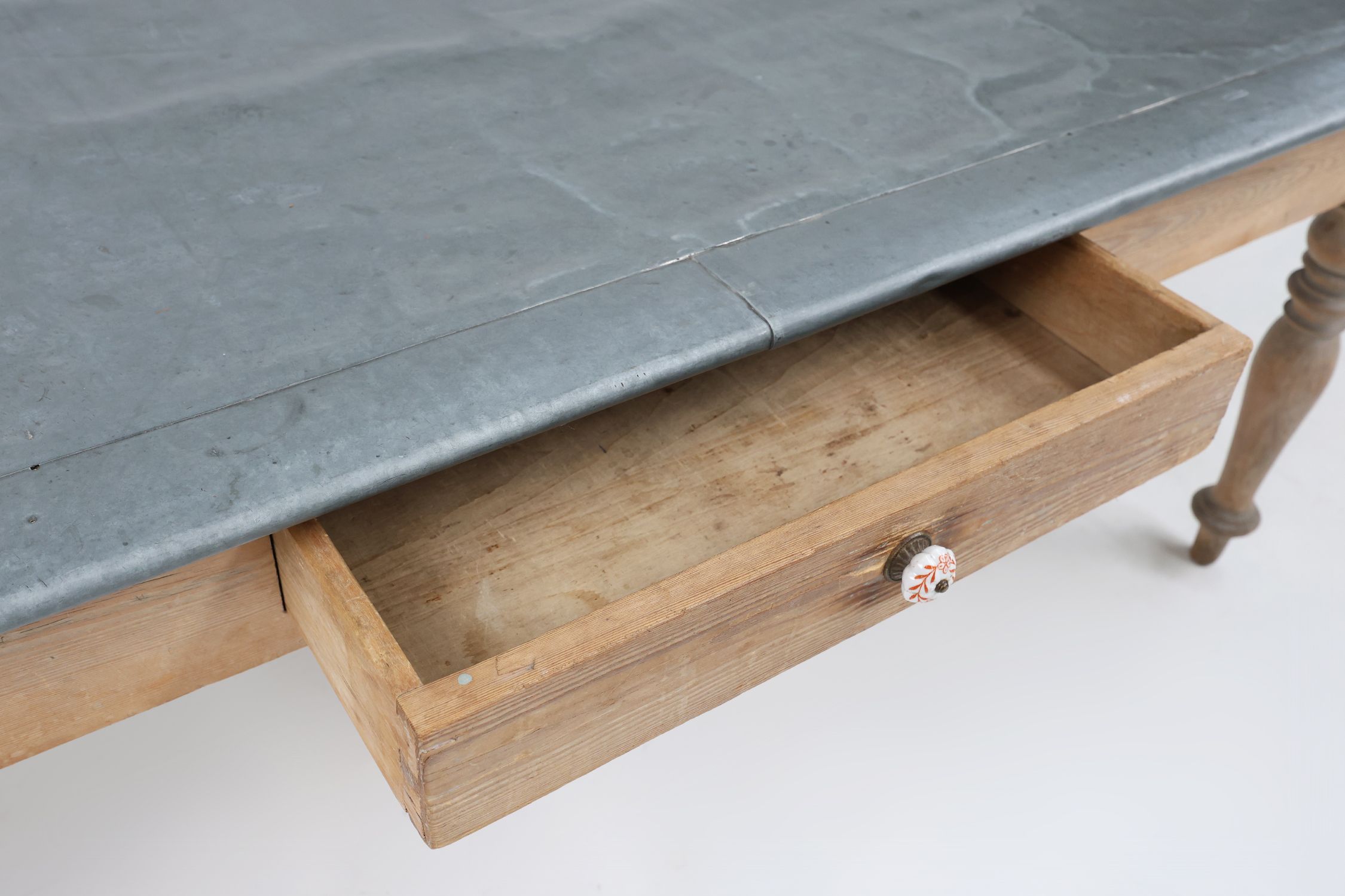 Rustic French pine wood dinner table with zinc top, ca. 1850thumbnail